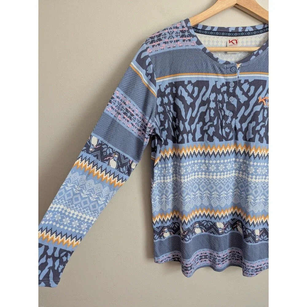 NEW Kari Traa Long Sleeve Baselayer Top Blue Penguin Stripe Womens XL Henley PJ